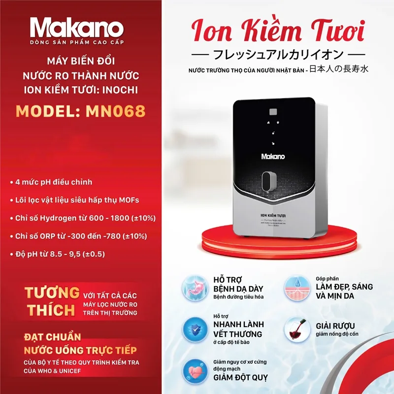 Máy biến đổi nước RO thành nước ion kiềm tươi Makano MN068 Máy biến đổi nước RO thành nước ion kiềm tươi Makano MN068